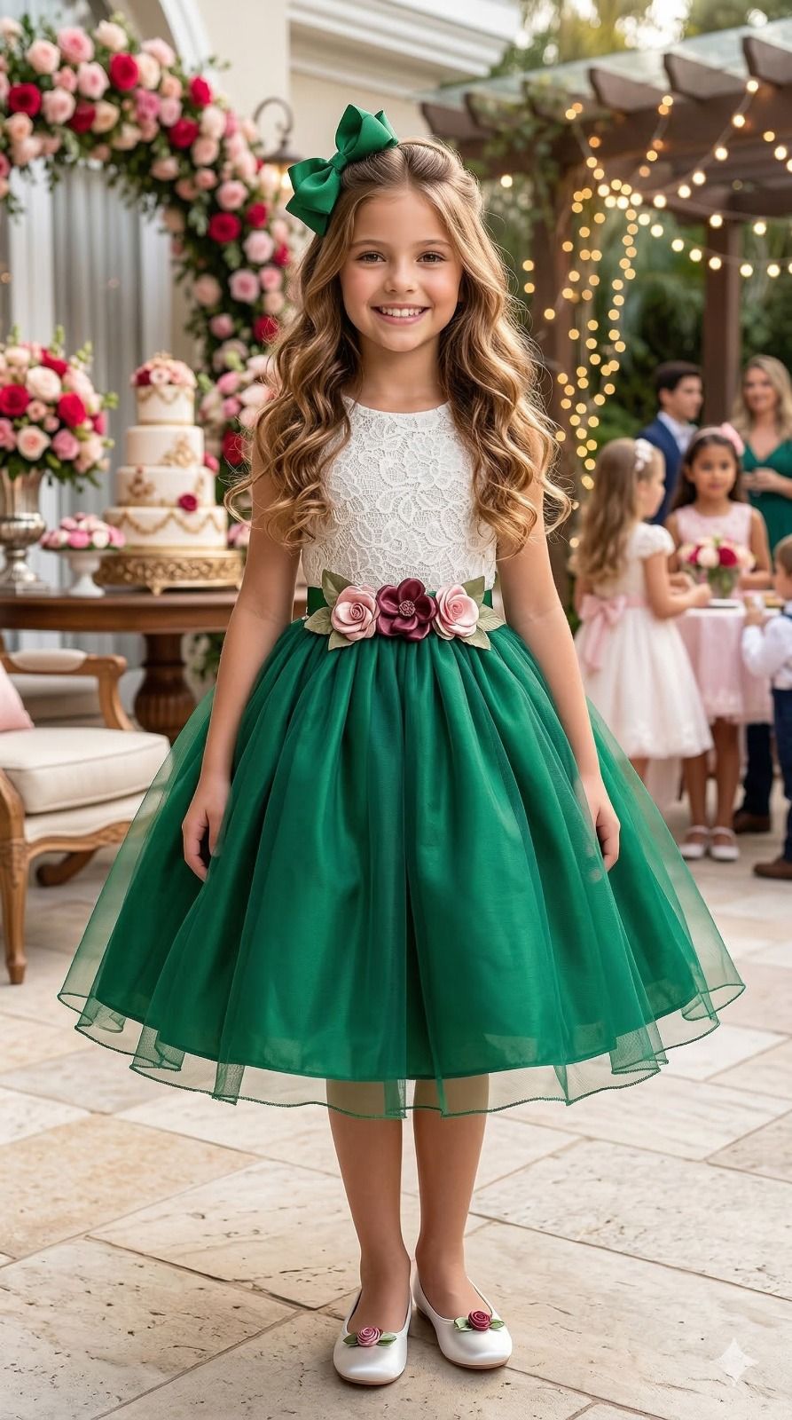 Vestido Infantil Off White com Saia Verde Bandeira em Tule e Renda