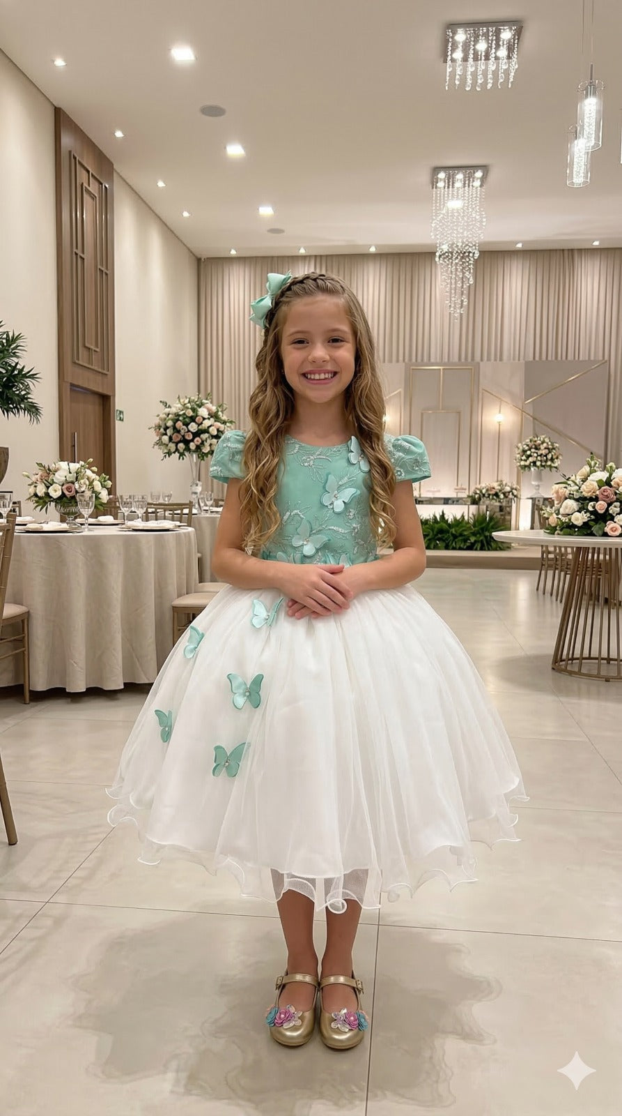 Vestido Midi Infantil Verde Oliva com Bordados e Tule