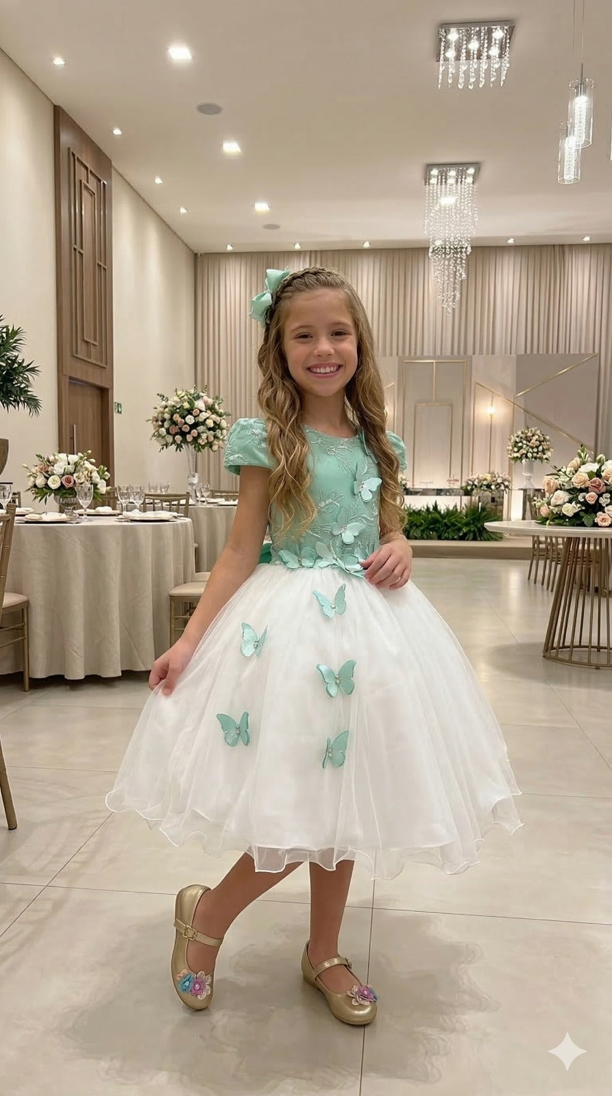 Vestido Midi Infantil Verde Oliva com Bordados e Tule