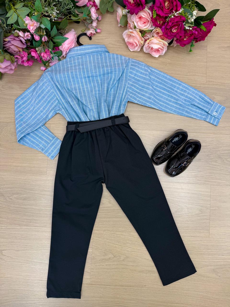 Conjunto Social Azul com Calça Preta para Crianças