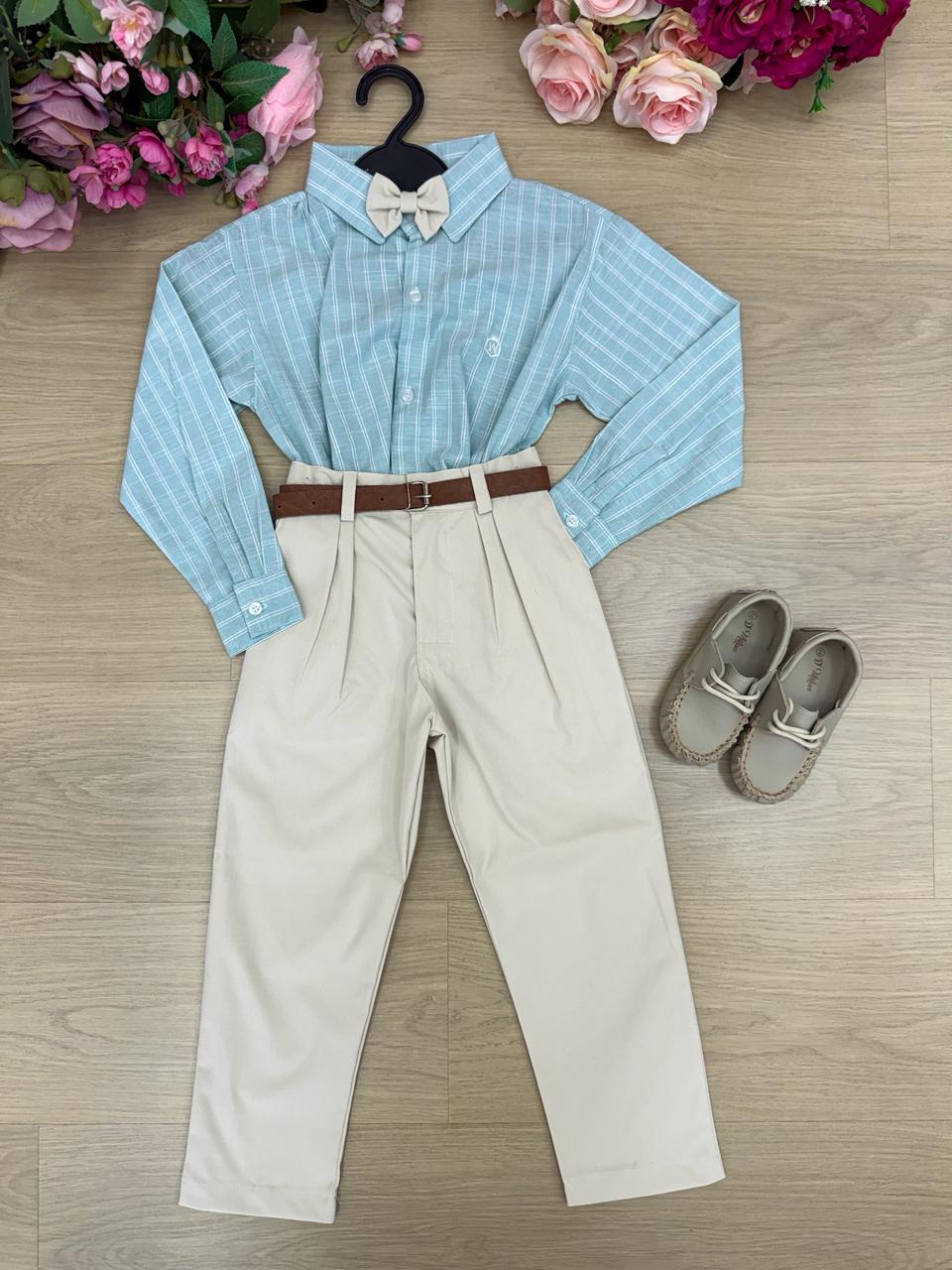 Conjunto Social Verde de Camisa de Algodão e Calça Bege para Eventos Especiais