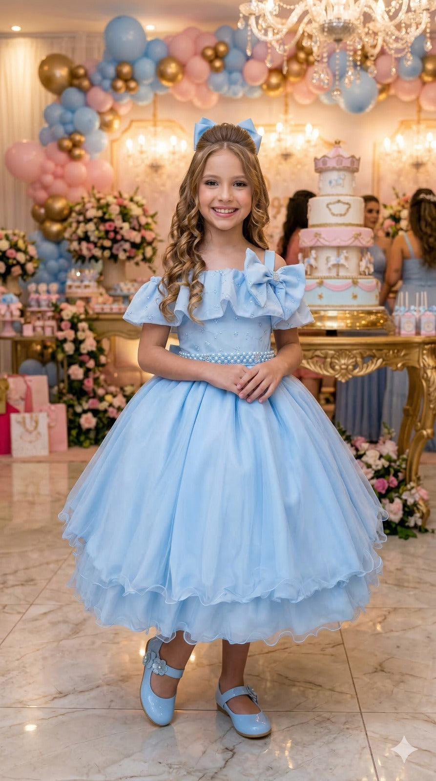 Vestido Infantil Azul Bebê em Poliéster com Detalhes em Lese e Tule