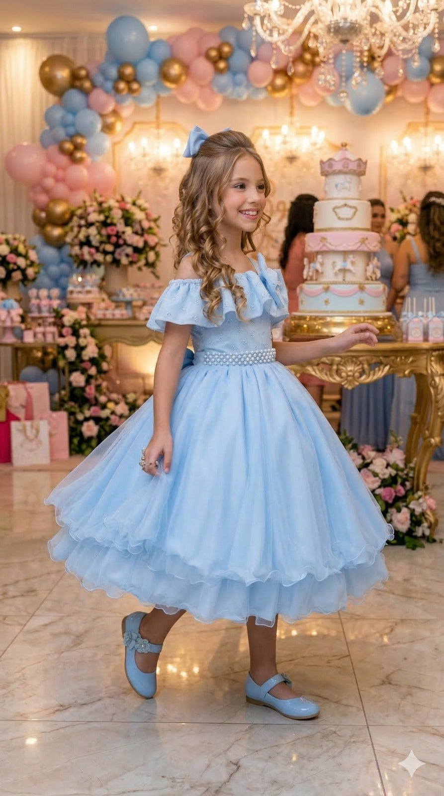 Vestido Infantil Azul Bebê em Poliéster com Detalhes em Lese e Tule