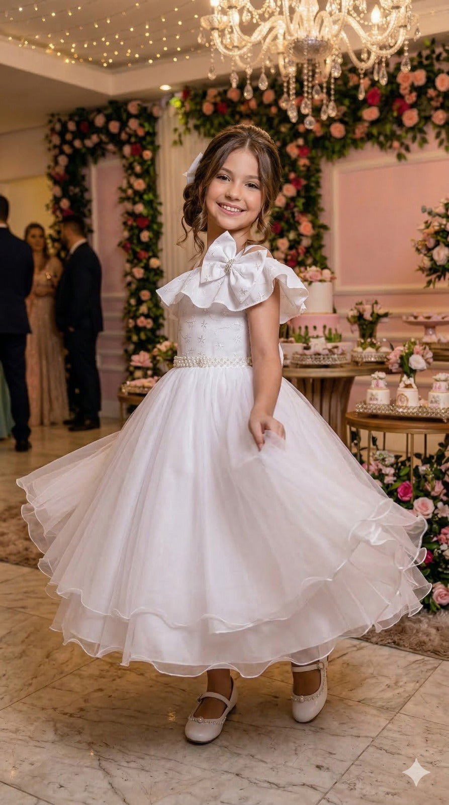 Vestido Infantil Branco em Poliéster com Detalhes em Lese e Tule