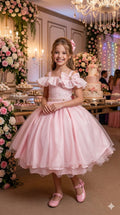 Vestido Rosa Bebê Com Lese Bordado Para Festas e Aniversários