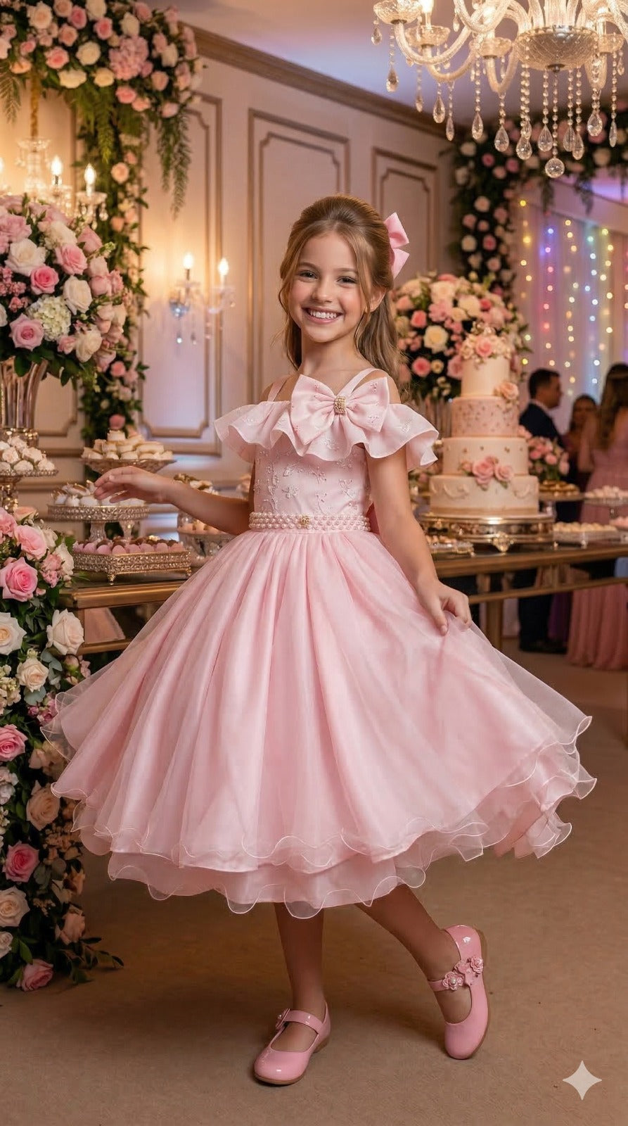 Vestido Rosa Bebê Com Lese Bordado Para Festas e Aniversários