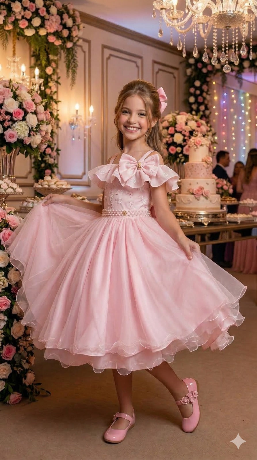 Vestido Rosa Bebê Com Lese Bordado Para Festas e Aniversários