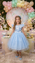 Vestido Azul Bebê Jardim Encantado com Laço e Forro Confortável