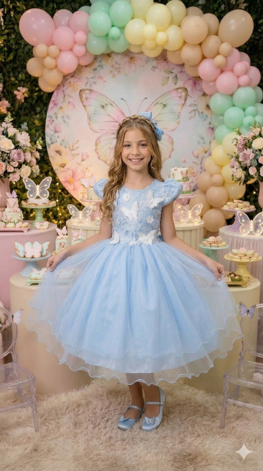 Vestido Azul Bebê Jardim Encantado com Laço e Forro Confortável