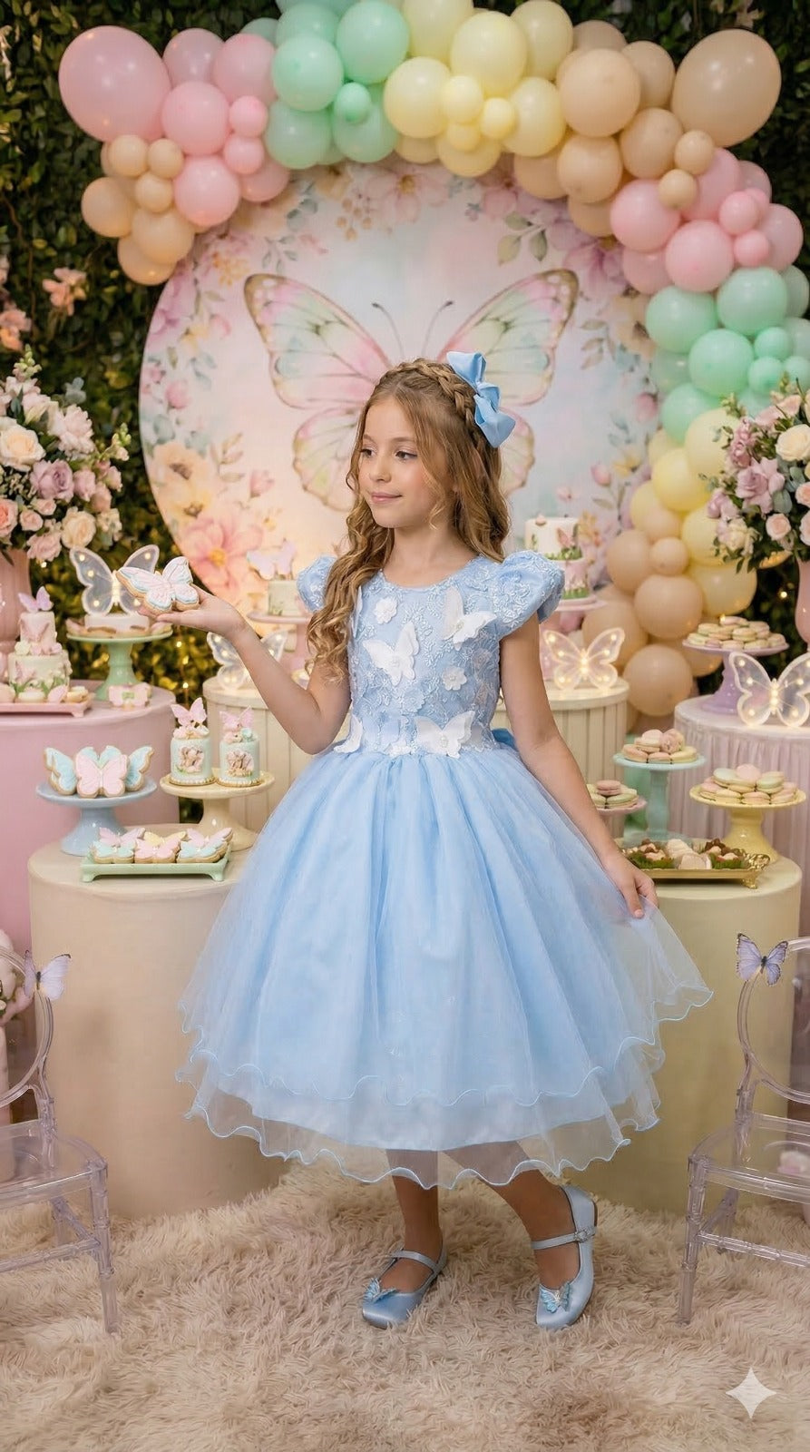 Vestido Azul Bebê Jardim Encantado com Laço e Forro Confortável