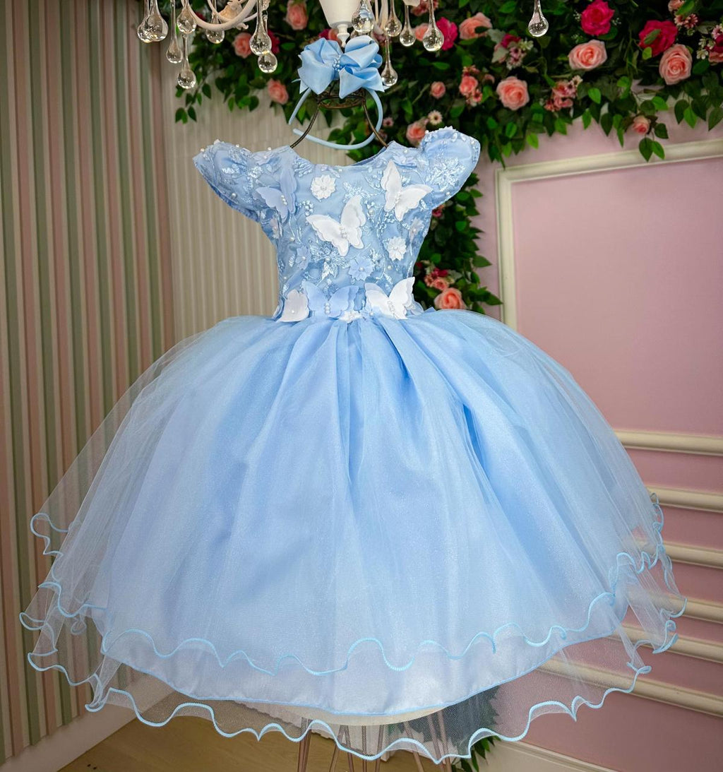 Vestido Azul Bebê Jardim Encantado com Laço e Forro Confortável