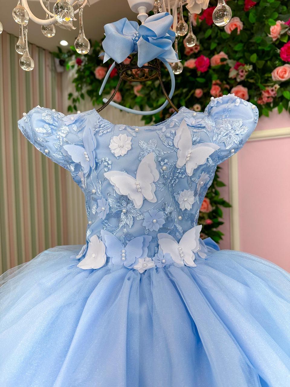 Vestido Azul Bebê Jardim Encantado com Laço e Forro Confortável