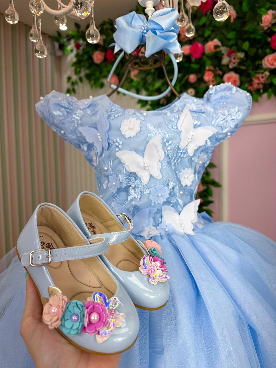 Vestido Azul Bebê Jardim Encantado com Laço e Forro Confortável