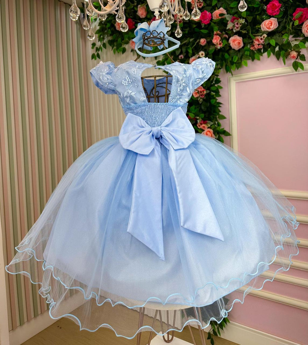 Vestido Azul Bebê Jardim Encantado com Laço e Forro Confortável