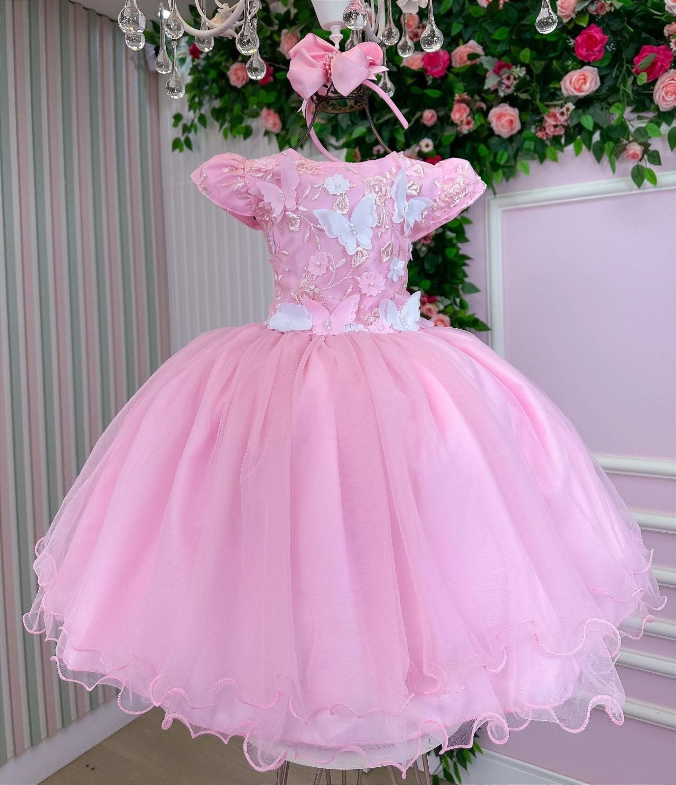 Vestido Rosa Bebê com Forro em Poliéster e Algodão para Meninas