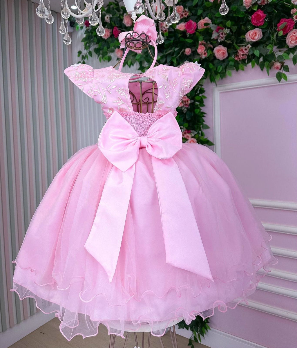 Vestido Rosa Bebê com Forro em Poliéster e Algodão para Meninas