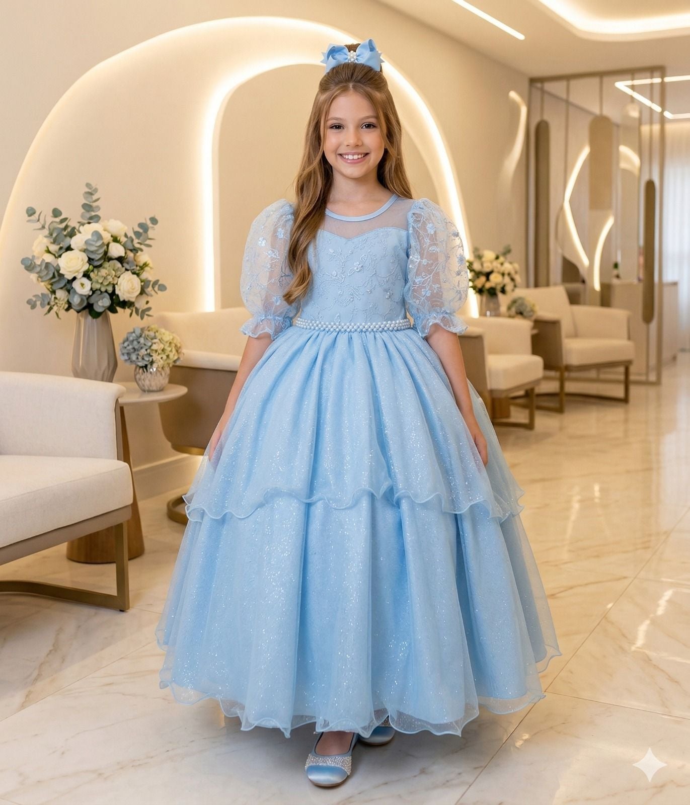 Vestido Longo Azul Bebê com Tule e Bordado Floral para Daminhas