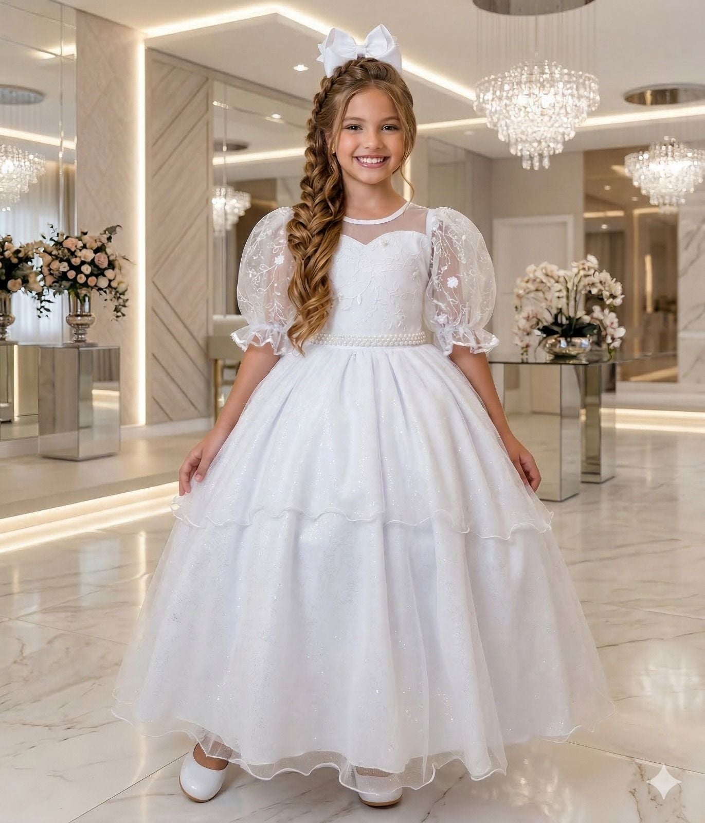 Vestido Longo Branco com Bordados Florais e Tule para Daminhas