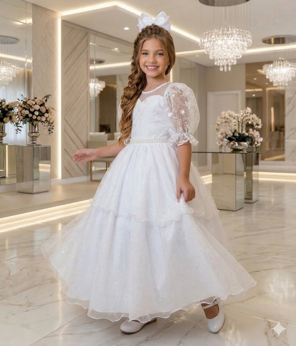 Vestido Longo Branco com Bordados Florais e Tule para Daminhas
