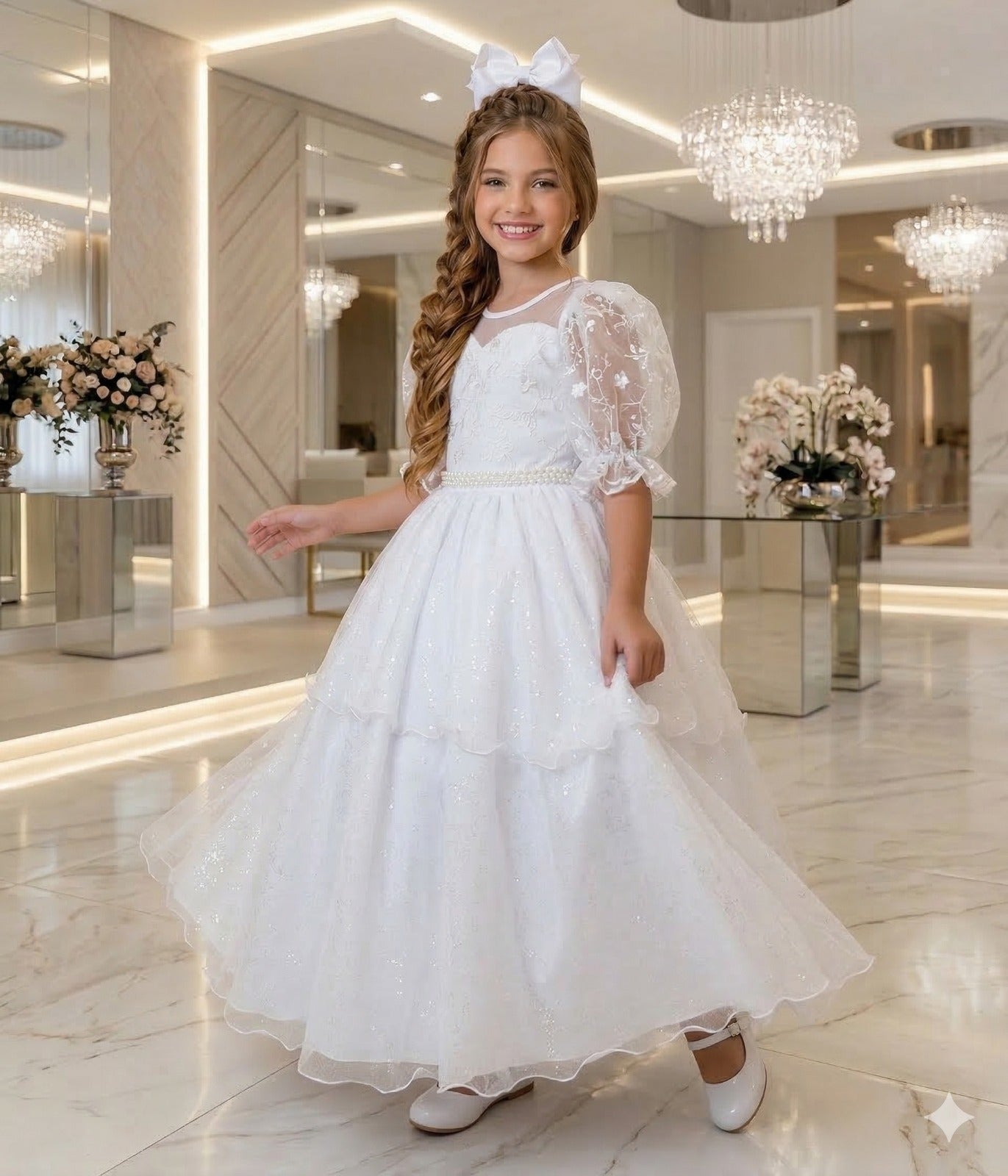 Vestido Longo Branco com Bordados Florais e Tule para Daminhas