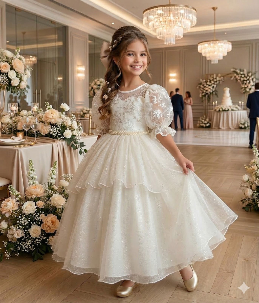 Vestido Longo Off-white com Bordados Florais e Tule para Daminhas