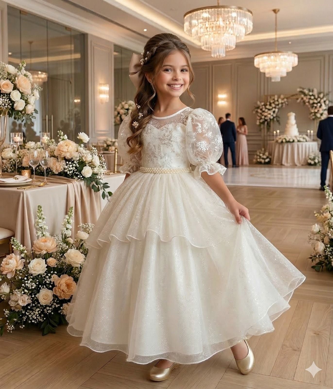Vestido Longo Off-white com Bordados Florais e Tule para Daminhas