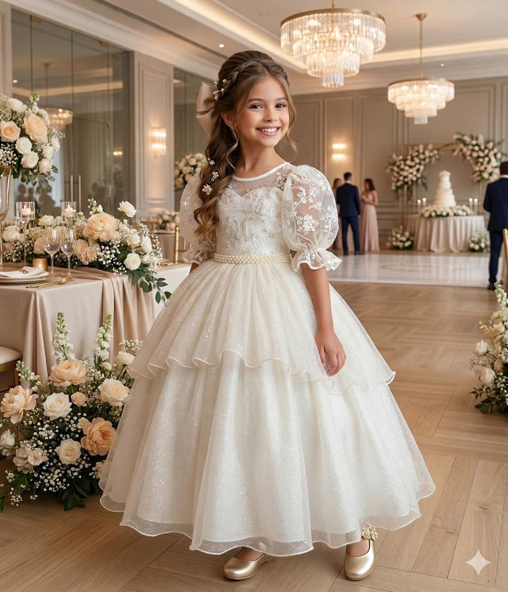 Vestido Longo Off-white com Bordados Florais e Tule para Daminhas