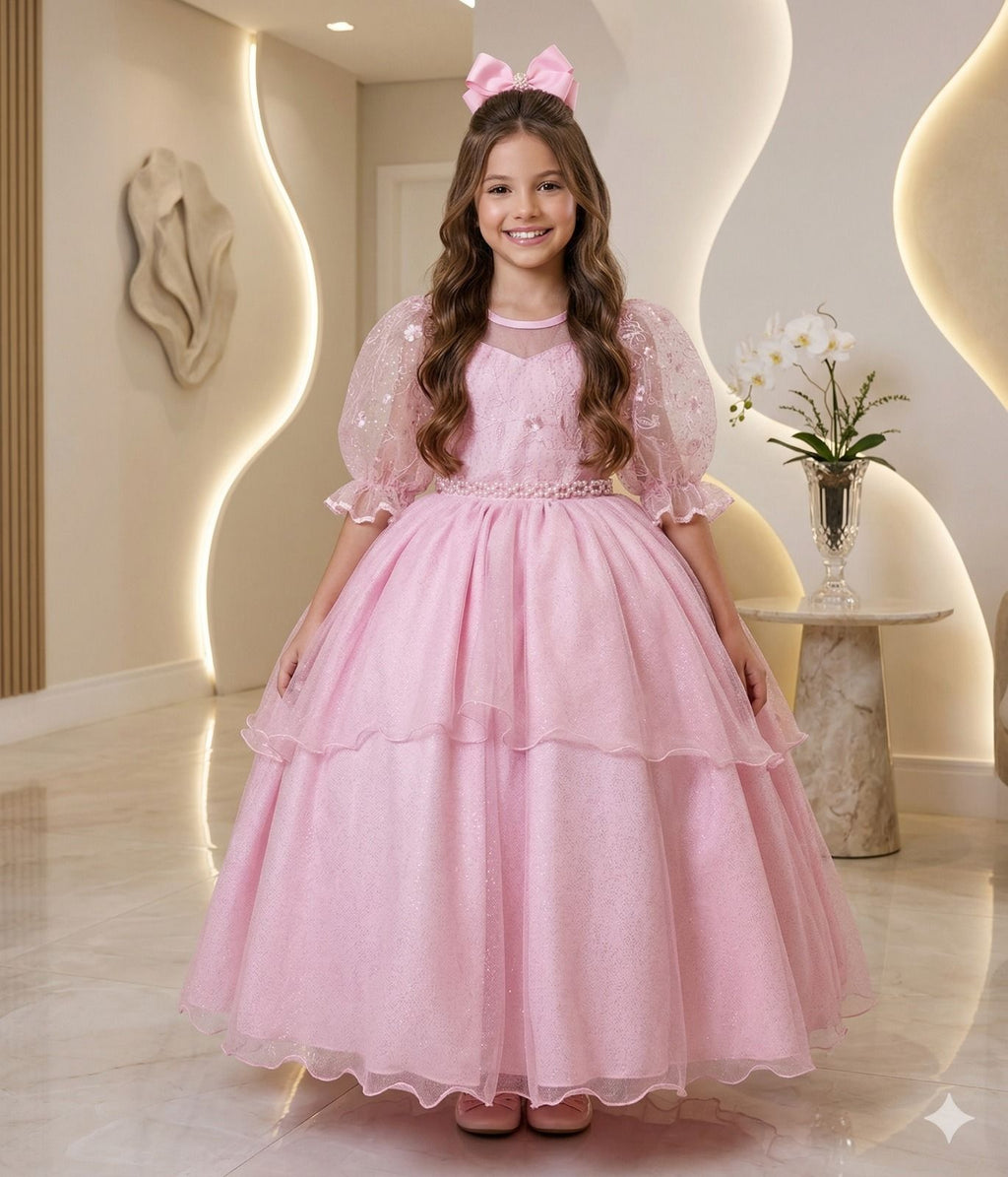 Vestido Longo Rosa Bebê em Tule com Bordados Florais