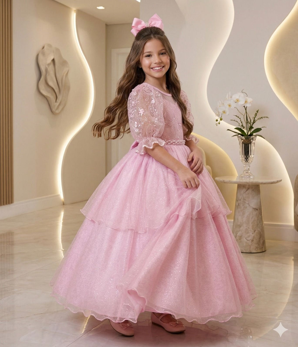 Vestido Longo Rosa Bebê em Tule com Bordados Florais