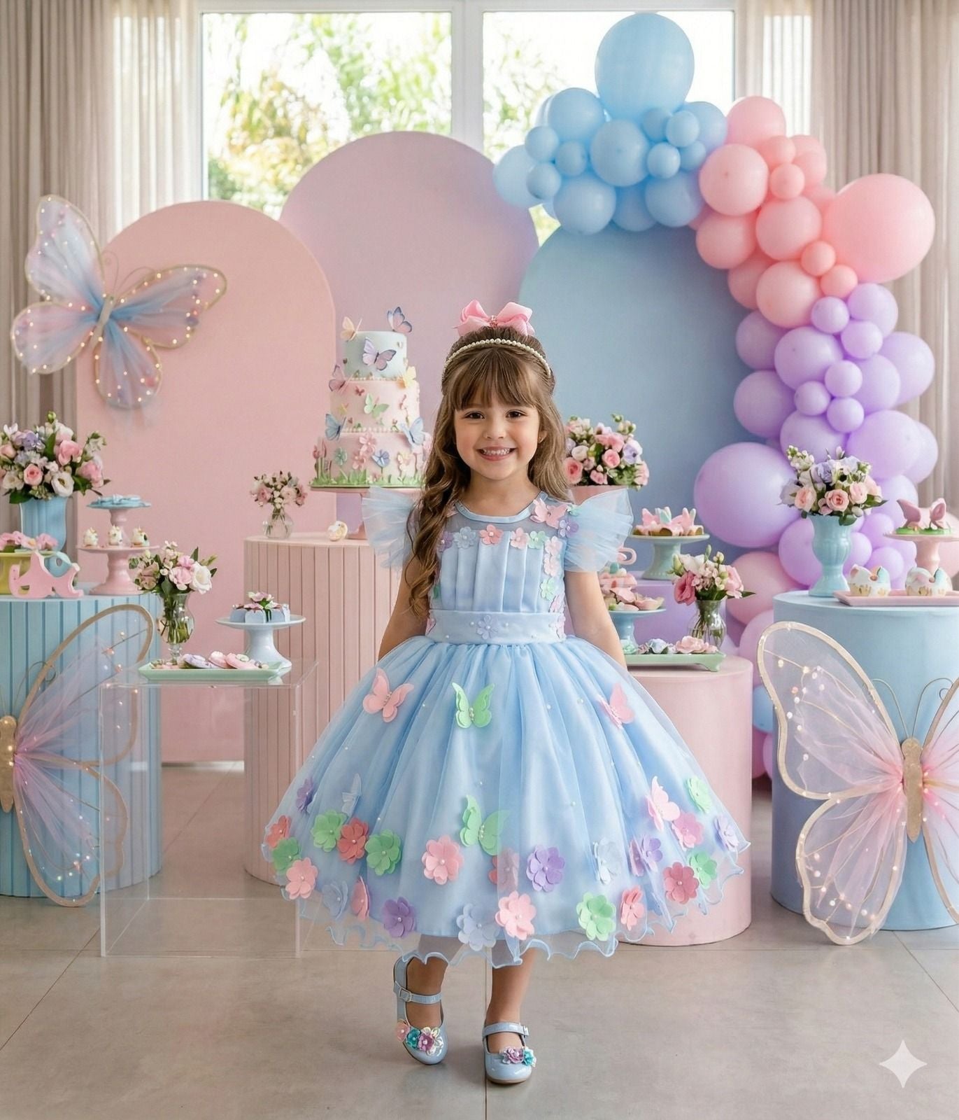 Vestido Azul Luxinho Jardim Encantado com Apliques de Flores e Borboletas