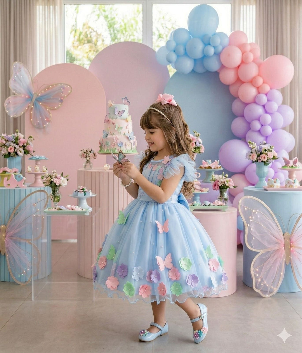Vestido Azul Luxinho Jardim Encantado com Apliques de Flores e Borboletas