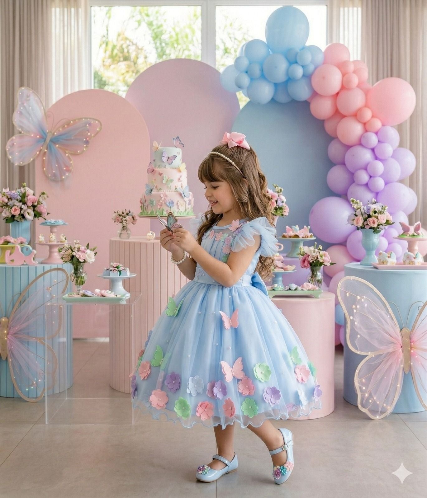 Vestido Azul Luxinho Jardim Encantado com Apliques de Flores e Borboletas