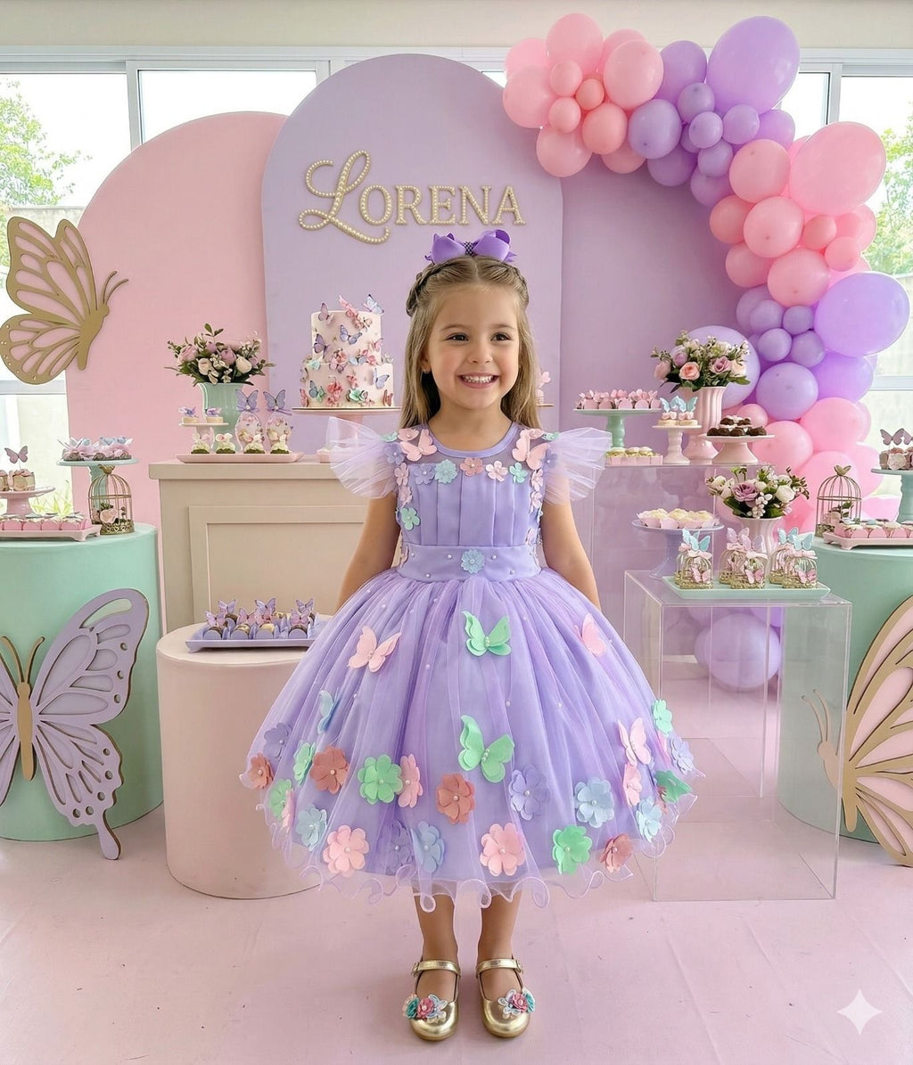 Vestido Lilás de Tule com Apliques de Flores e Borboletas para Crianças