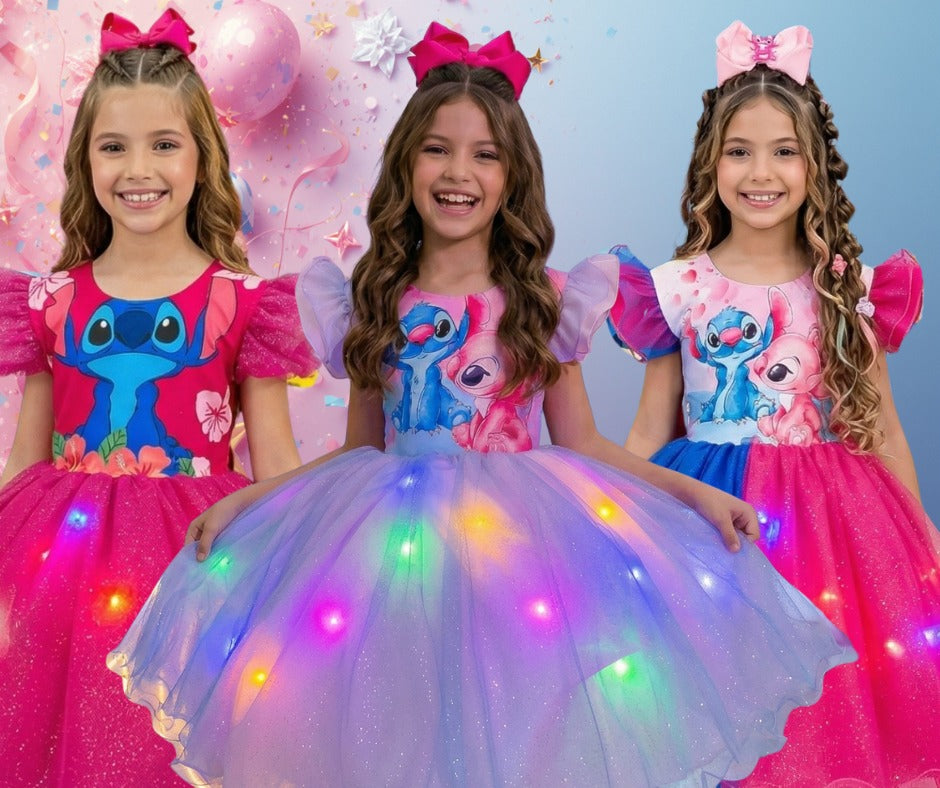 Vestido Temático com LED Floral do Stitch para Festas