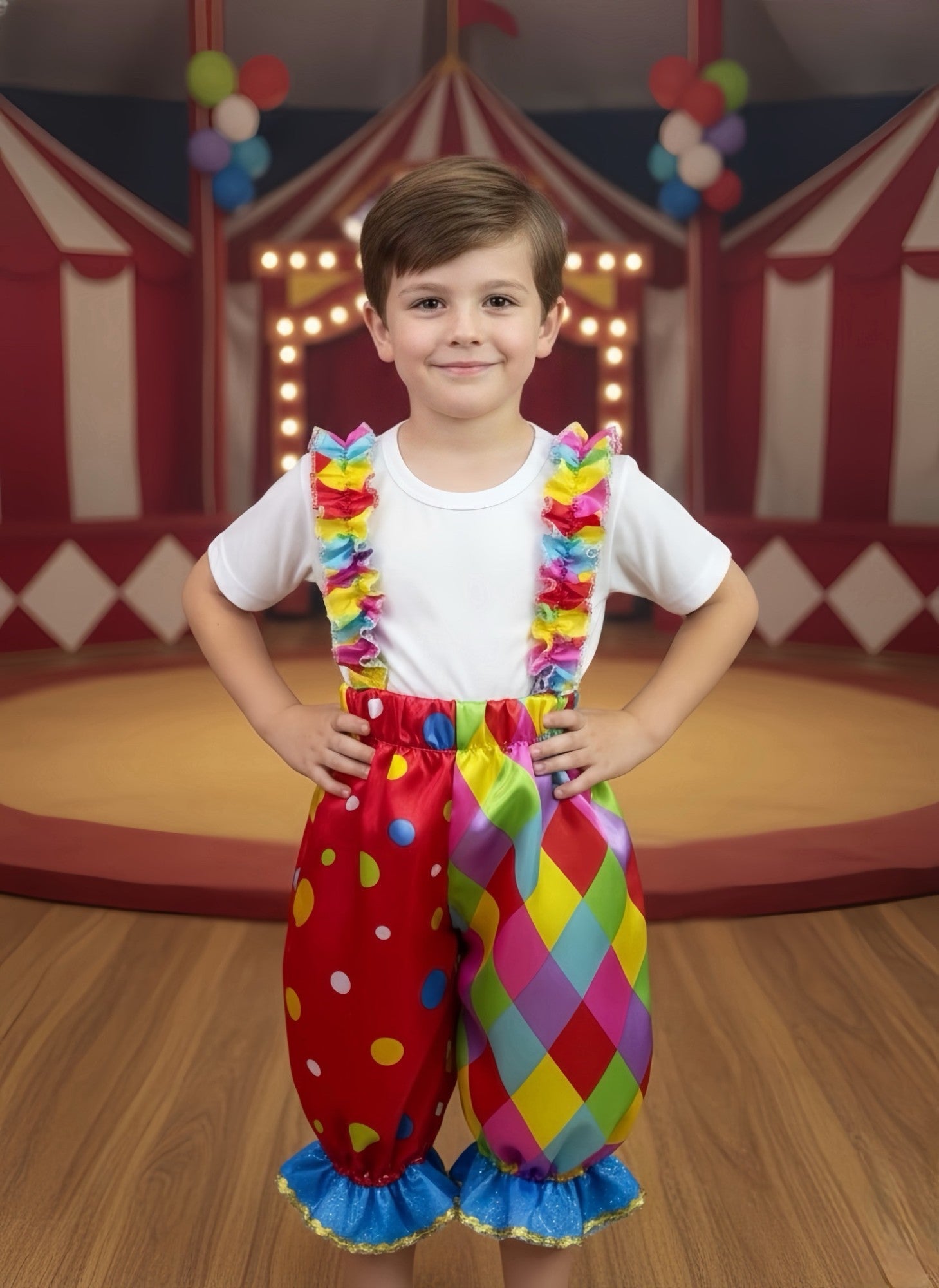 Fantasia Colorida de Palhaço Infantil em Cetim para Festas