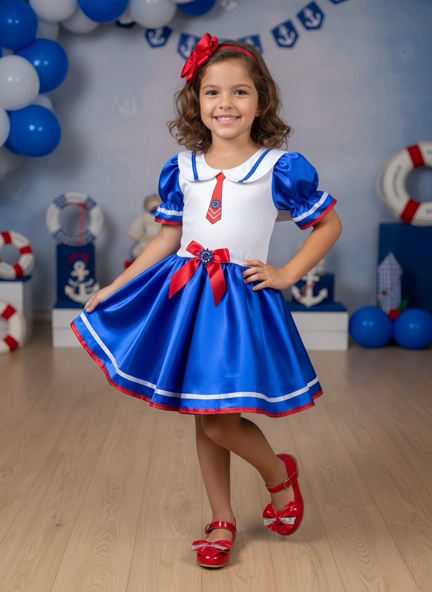 Fantasia Marinheira Infantil em Poliéster Azul e Branco