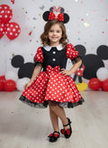 Fantasia Infantil Minnie Vermelha em Cetim com Laço e Renda