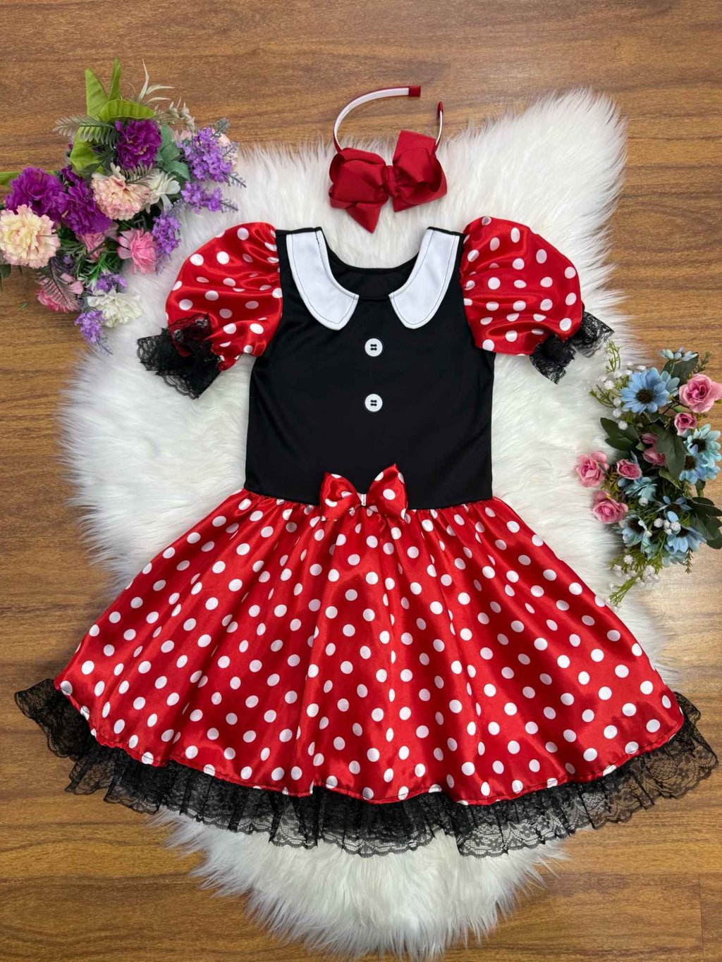 Fantasia Infantil Minnie Vermelha em Cetim com Laço e Renda