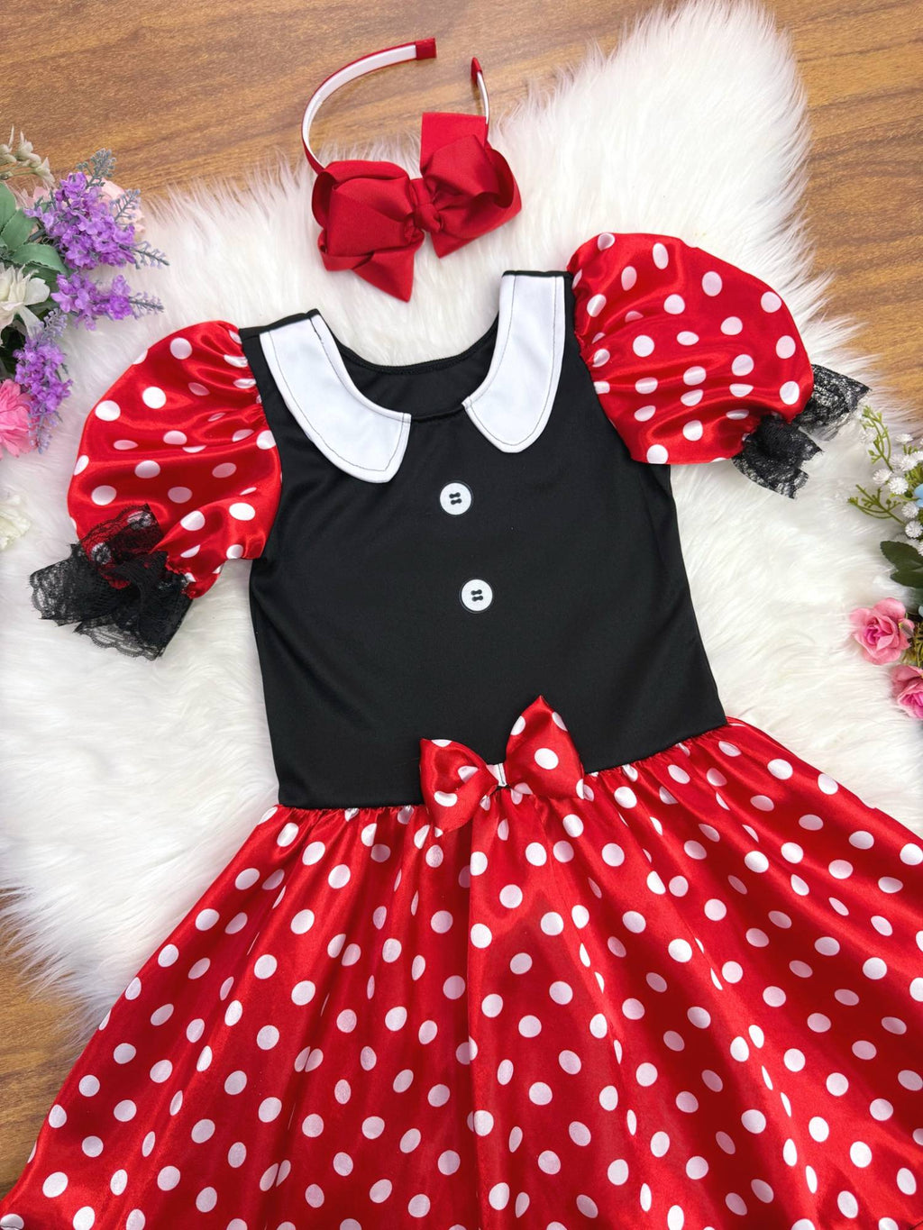 Fantasia Infantil Minnie Vermelha em Cetim com Laço e Renda