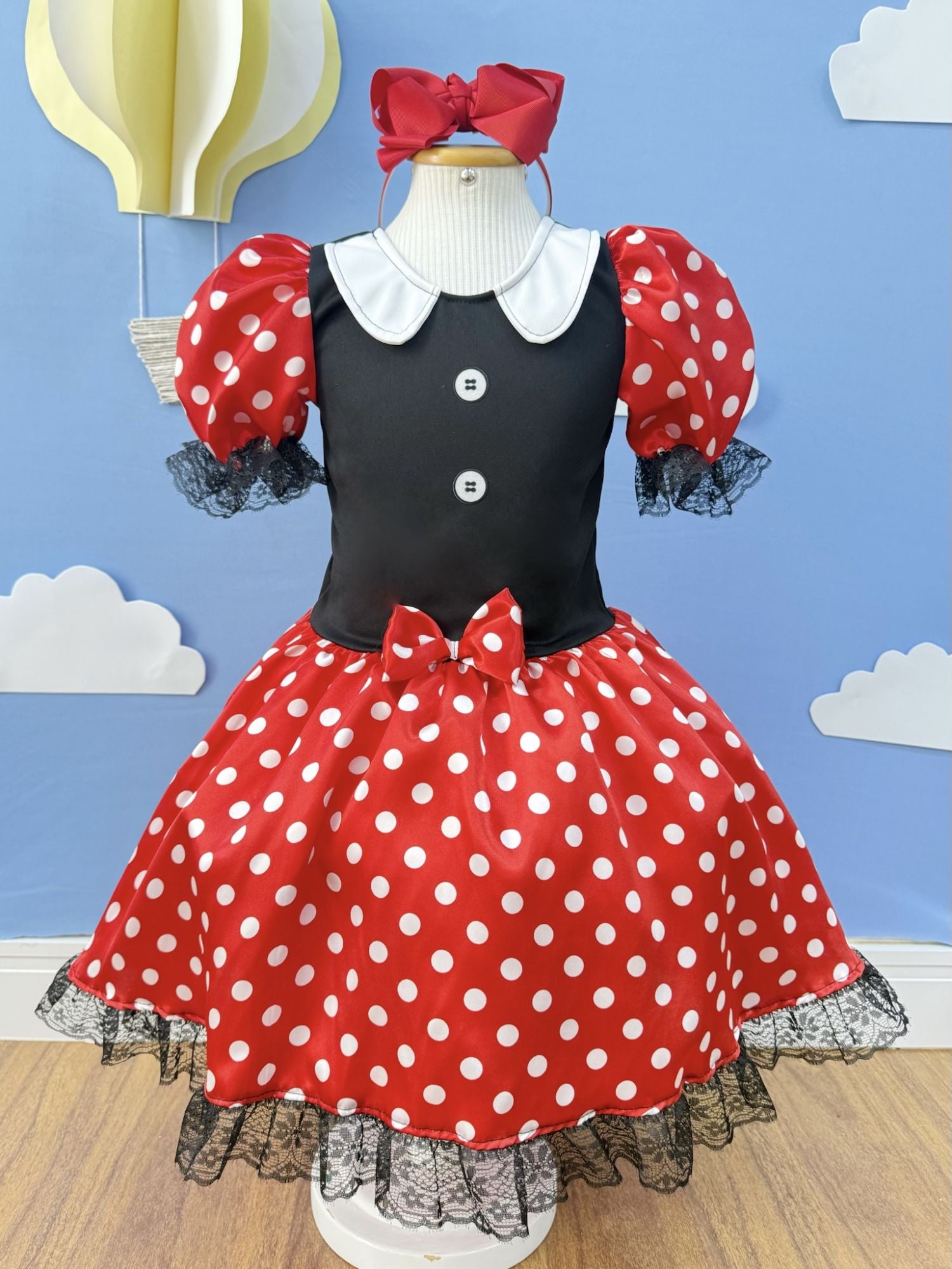 Fantasia Infantil Minnie Vermelha em Cetim com Laço e Renda