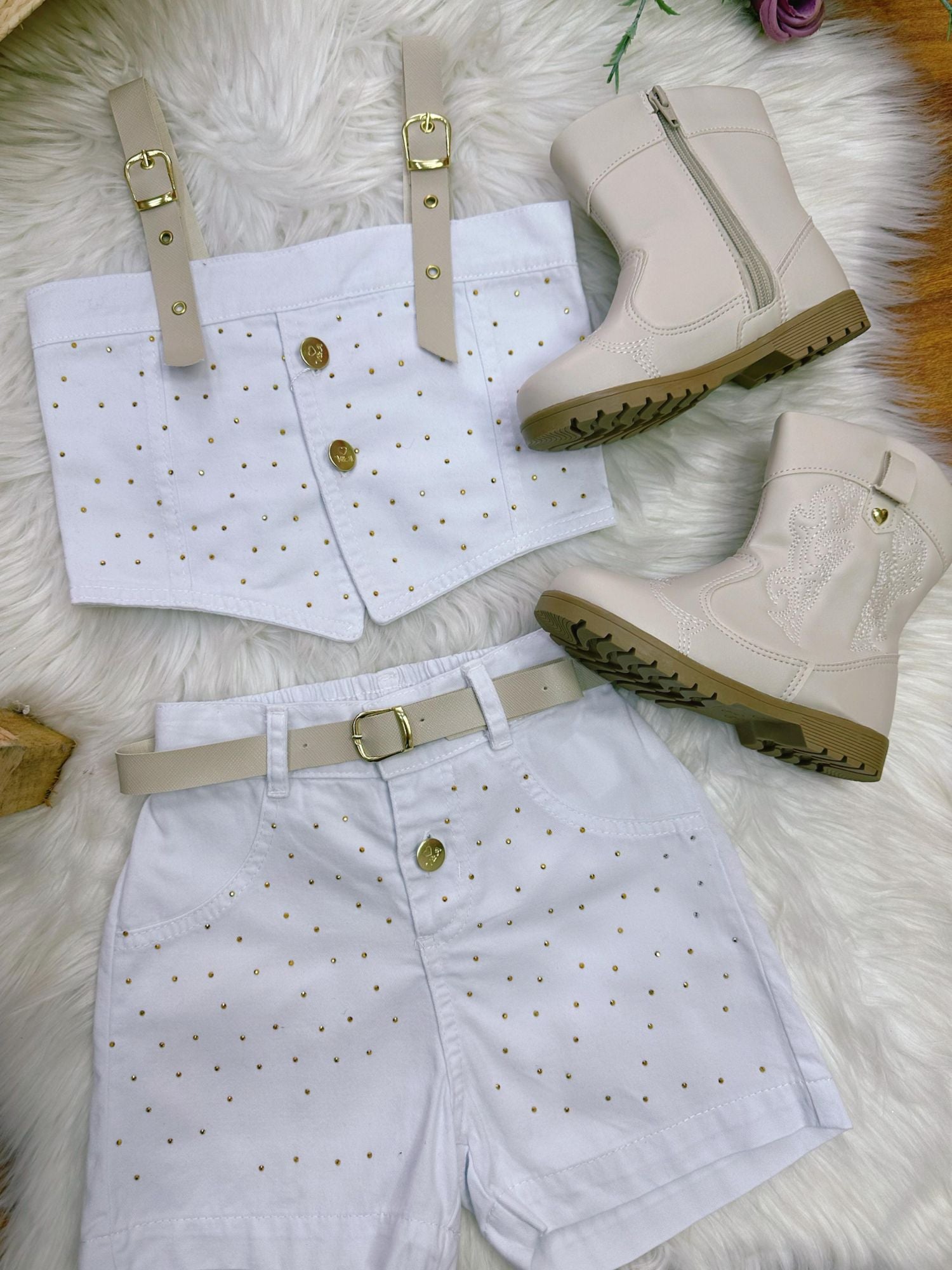 Conjunto Infantil Blusa e Short Branco em Sarja Casual