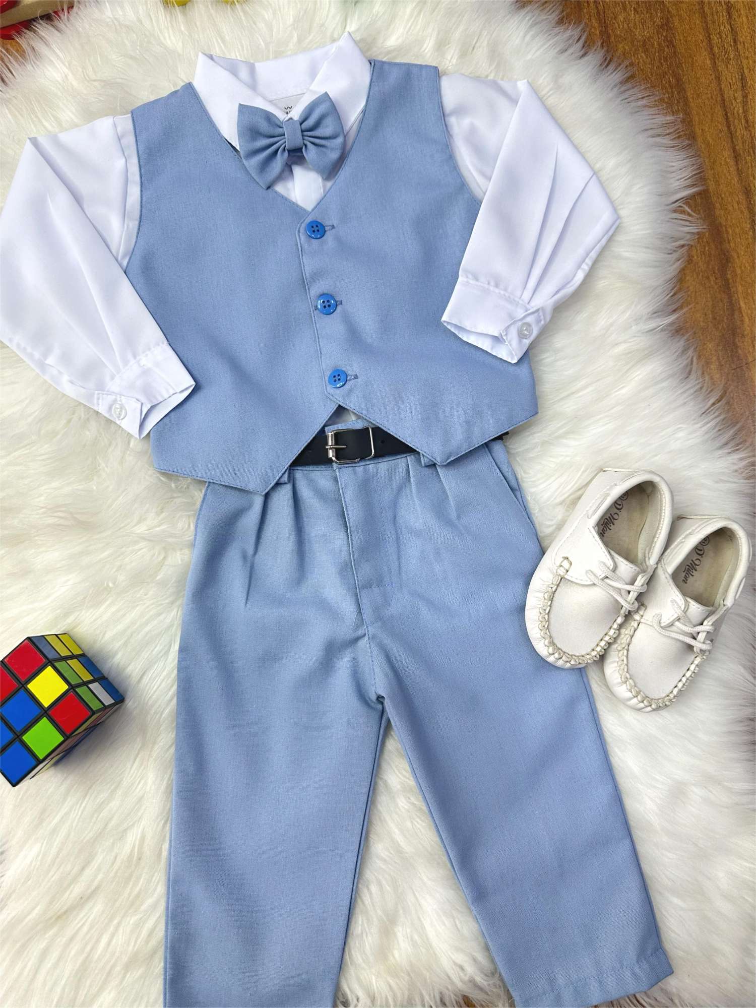 Conjunto Infantil Camisa Branca Calça Colete Gravata Azul Claro