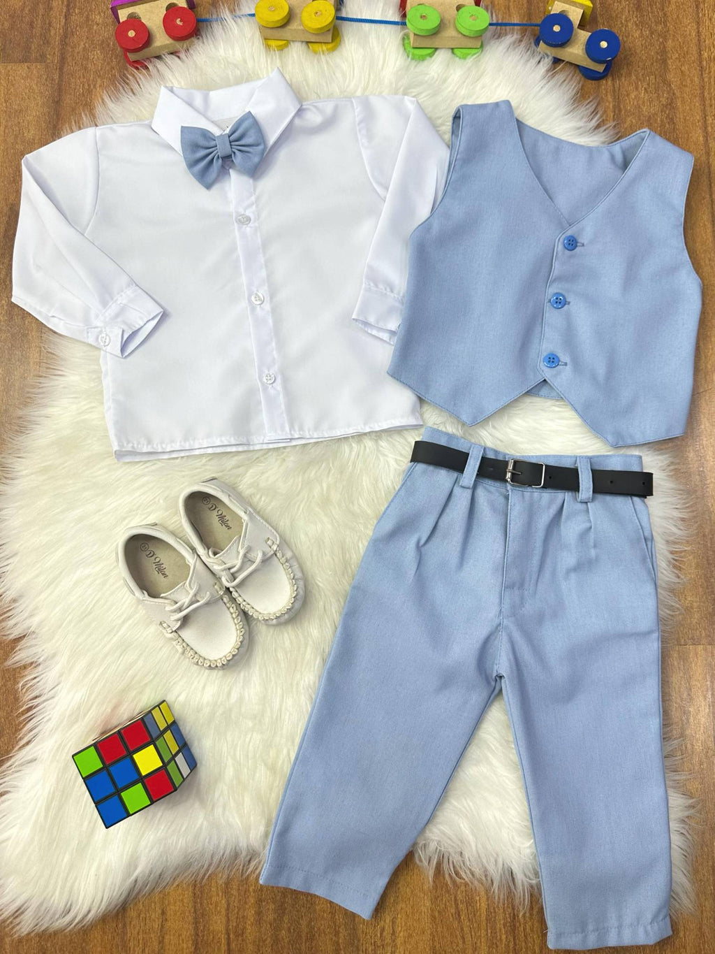 Conjunto Infantil Camisa Branca Calça Colete Gravata Azul Claro