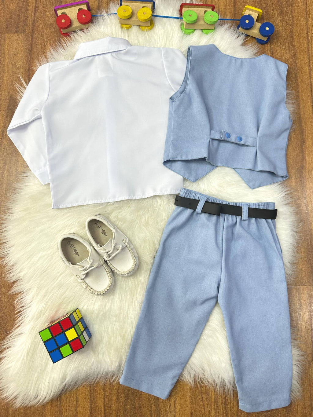 Conjunto Infantil Camisa Branca Calça Colete Gravata Azul Claro