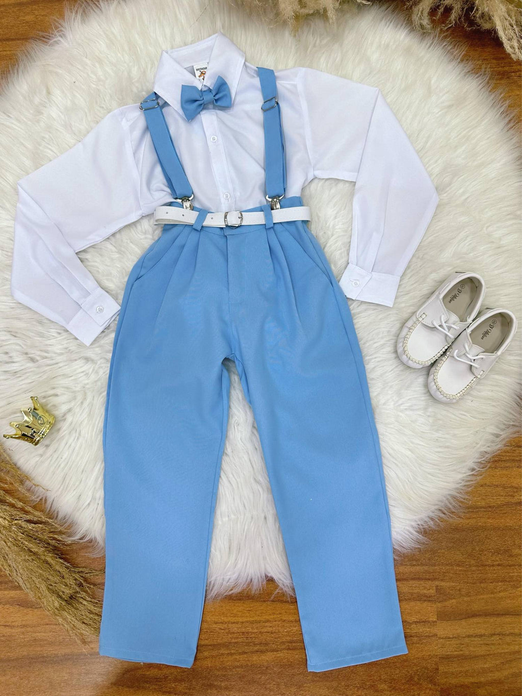 Conjunto Social Infantil Azul Claro com Camisa, Calça, Suspensório e Gravata