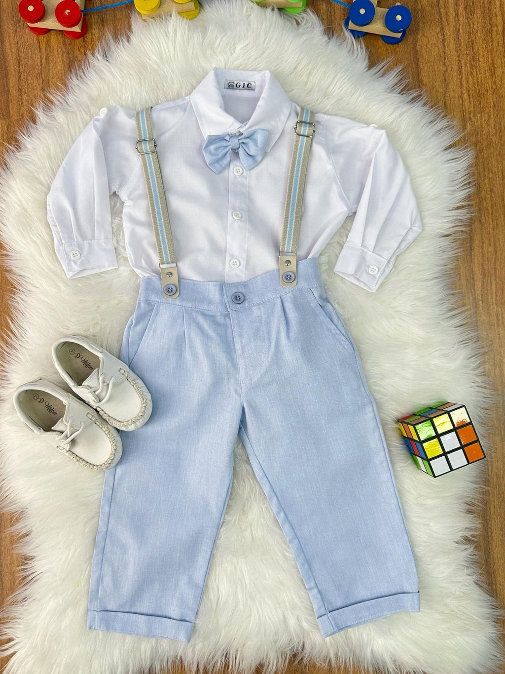 Conjunto Social Luxo Camisa Branca Calça e Suspensório Azul Claro