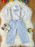 Conjunto Social Luxo Camisa Branca Calça e Suspensório Azul Claro