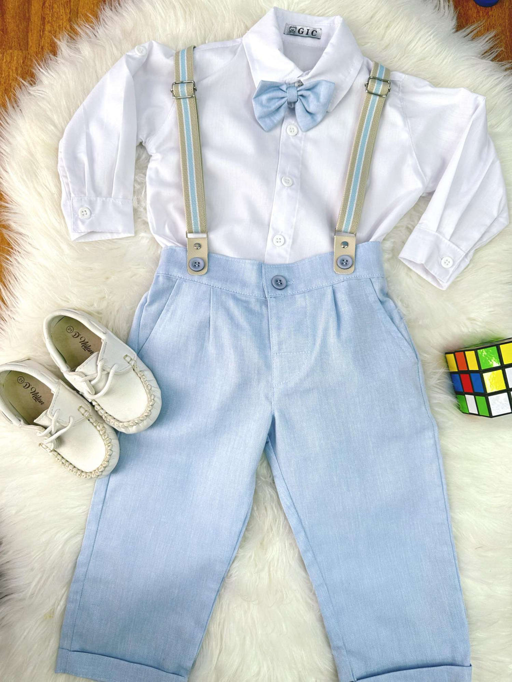 Conjunto Social Luxo Camisa Branca Calça e Suspensório Azul Claro
