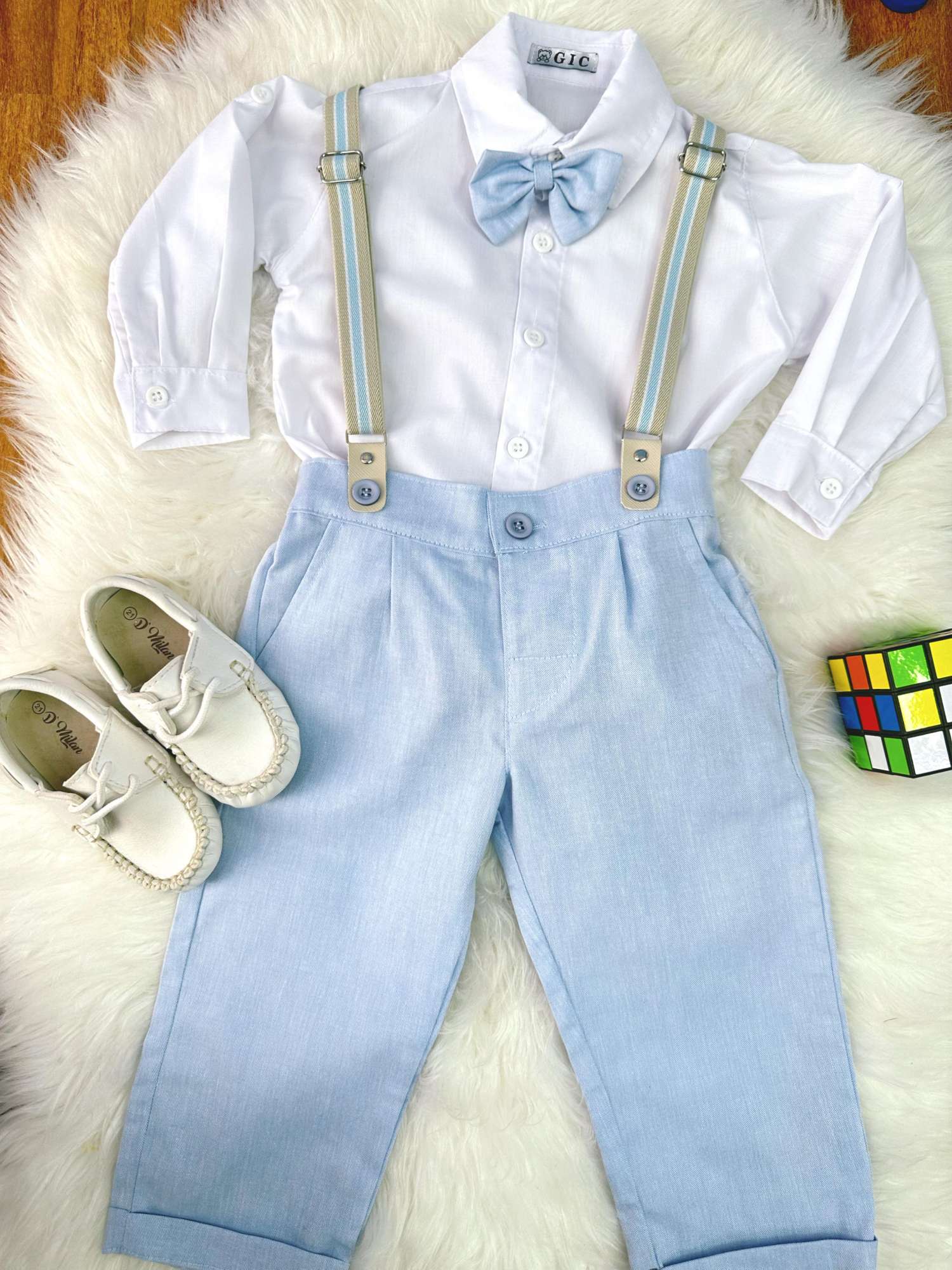 Conjunto Social Luxo Camisa Branca Calça e Suspensório Azul Claro