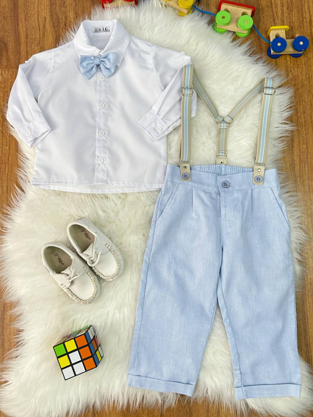 Conjunto Social Luxo Camisa Branca Calça e Suspensório Azul Claro
